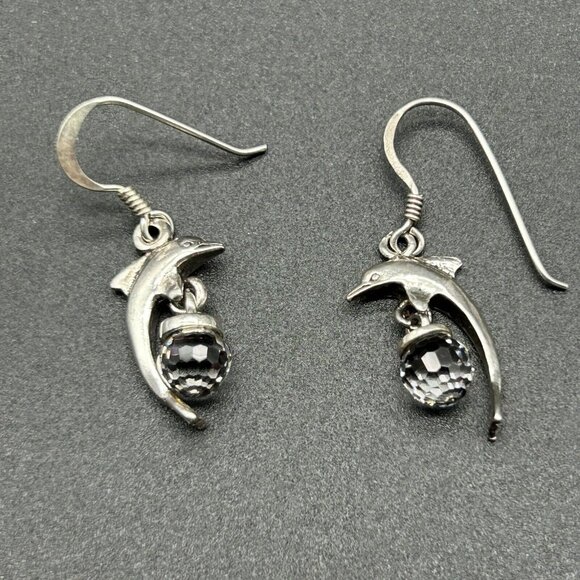 Sterling Silver Dolphin Earrings with Crystal Ball Marked 925 Dangle Drop 1/2" - Picture 1 of 5